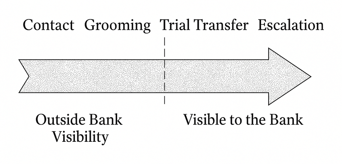 Timeline of a pig butchering scam from contact and grooming through trial transfer, escalation, fees and silence, divided by where bank visibility begins