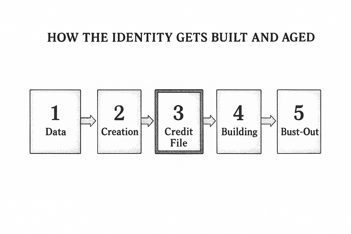 Five-stage synthetic identity lifecycle from data acquisition through creation, credit file establishment, credit building and bust-out