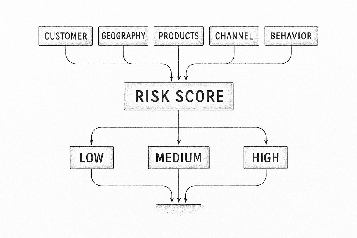 Flow diagram showing five inputs, Customer, Geography, Products, Channel and Behavior, feeding a Risk Score box that branches into Low, Medium and High tiers