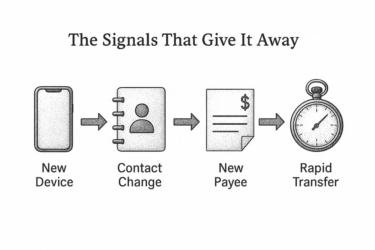 Four-step chain showing the account takeover signal sequence: new device, contact change, new payee, rapid transfer