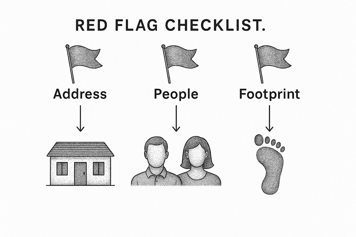 Three-column checklist grouping shell company onboarding red flags into address, people, and operational footprint signals