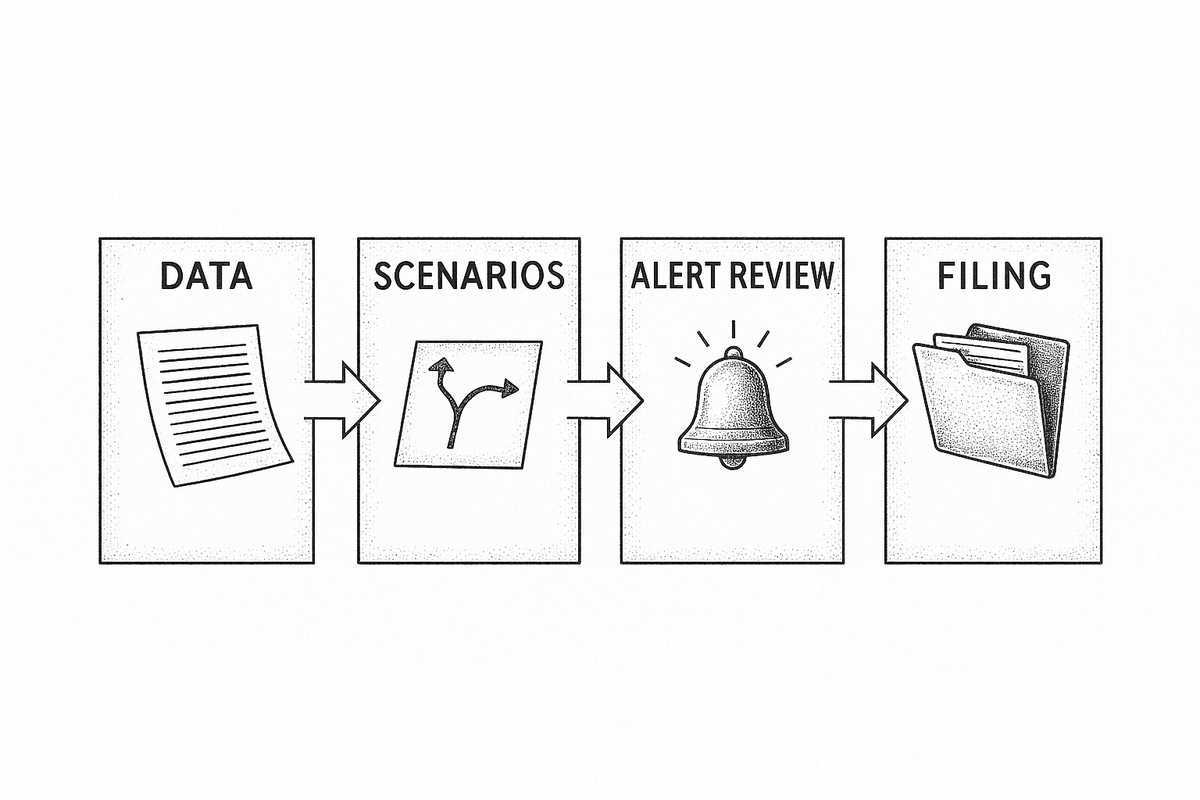 Four-step horizontal flow of an AML lookback review: data assembly, scenario execution, alert review, and SAR filing