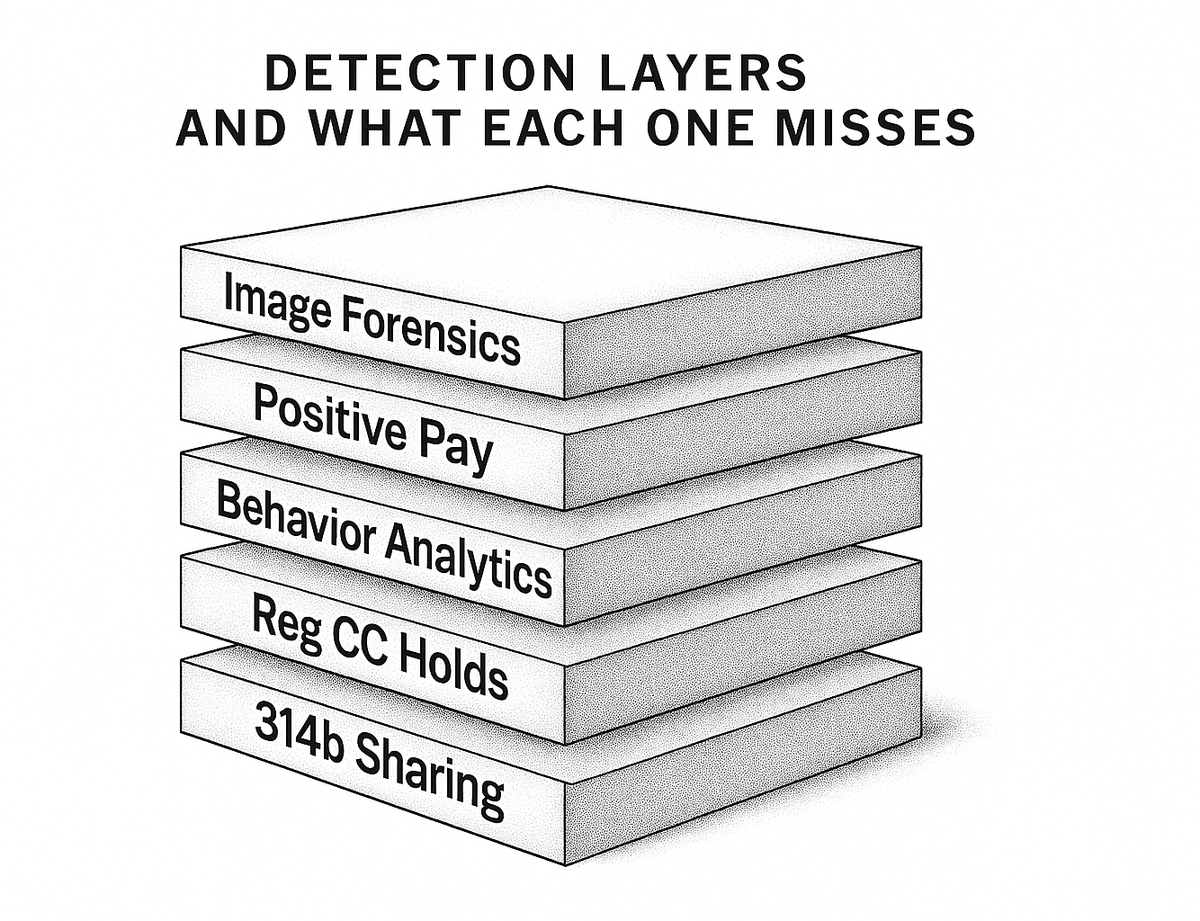 Five stacked slabs labeled Image Forensics, Positive Pay, Behavior Analytics, Reg CC Holds, and 314(b) Sharing