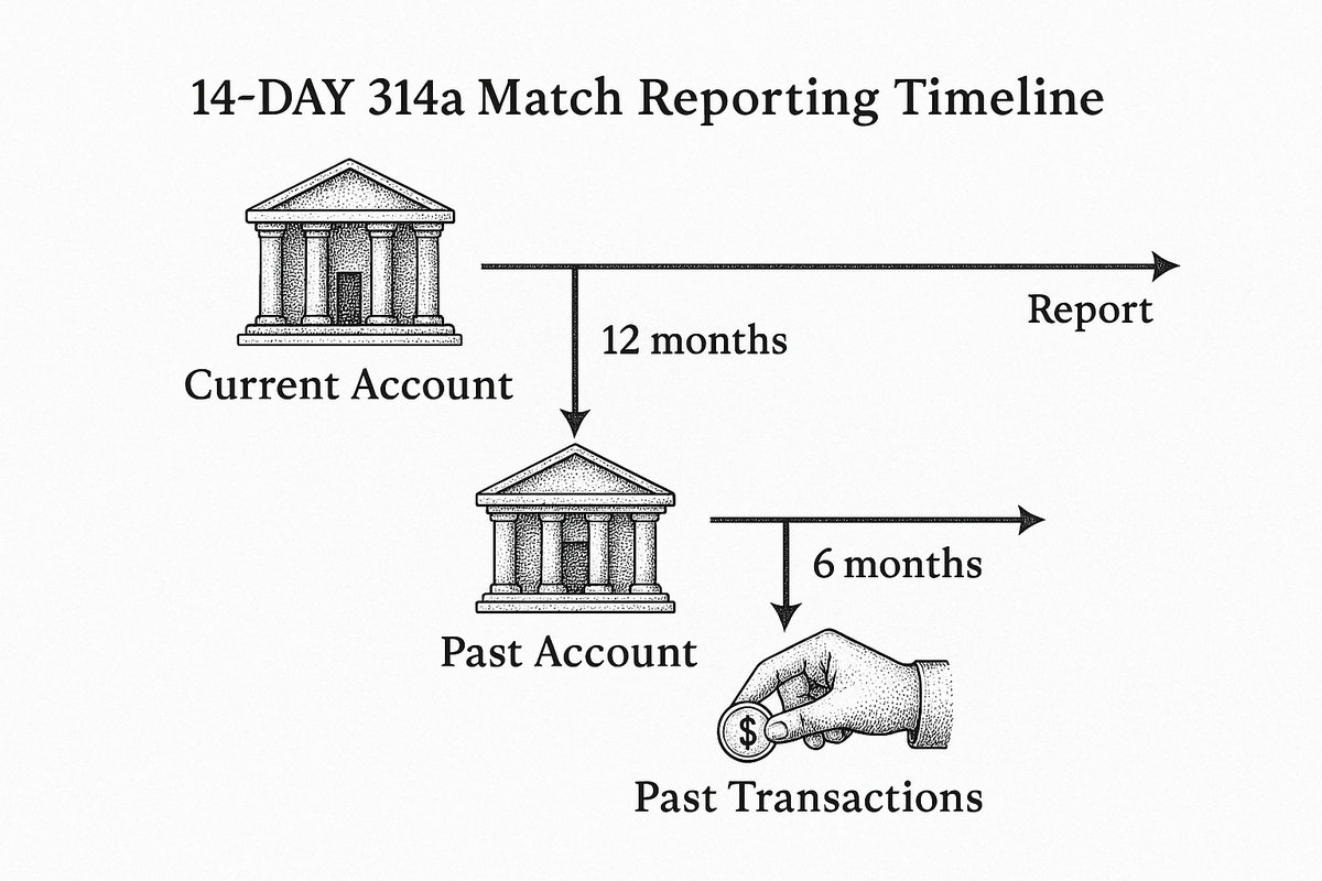 Timeline from FinCEN 314(a) list receipt through record search to 14-day match reporting