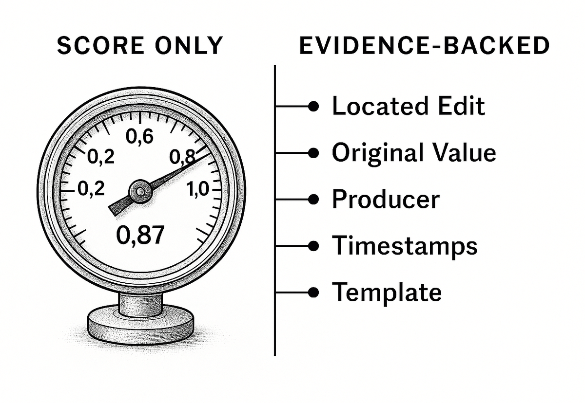 Diagram of a defensible document fraud verdict containing the score plus located edit, original value, producer, timestamps, and template match