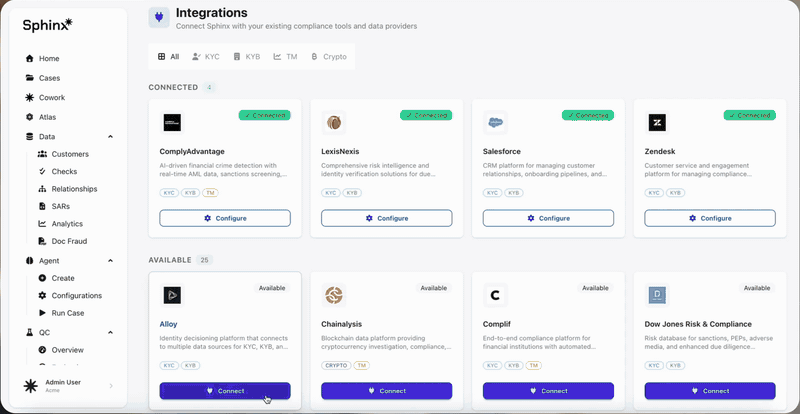 Connecting a provider to Sphinx with the browser agent option, the agent working a ComplyAdvantage screening case, then the Chrome extension open beside the case with its decision and reasoning