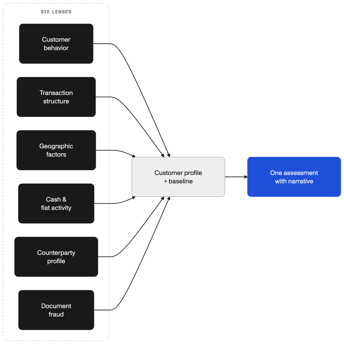 Six behavioral monitoring lenses arranged around a single customer profile.