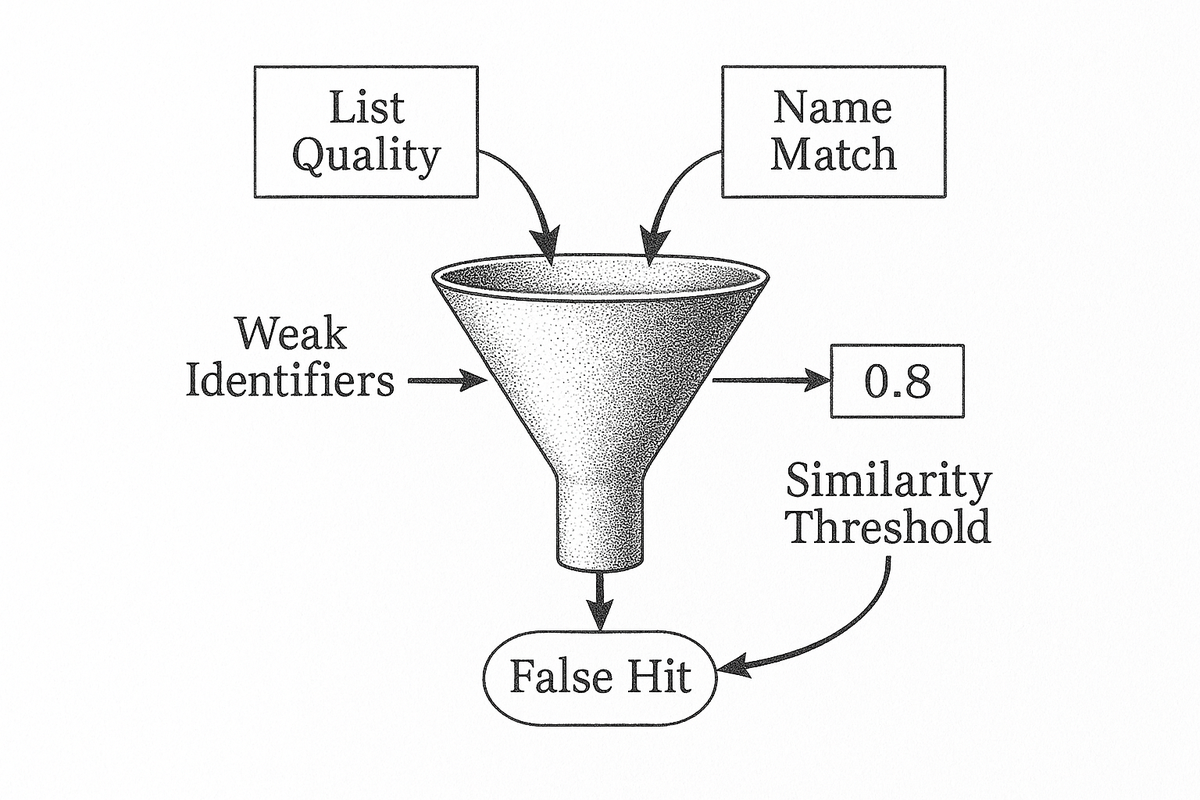 Funnel showing list quality, name matching, and weak identifiers creating a false KYC hit