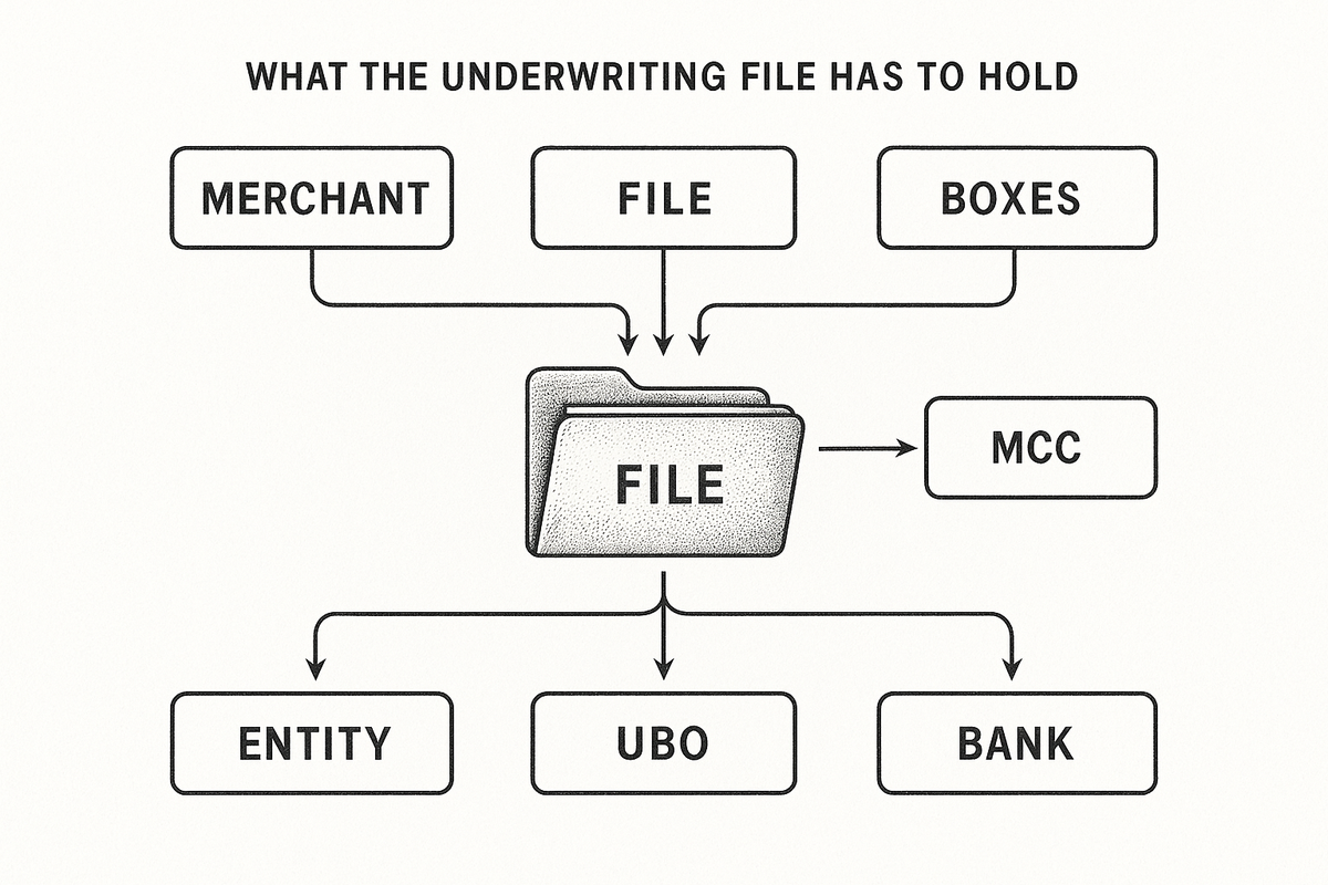 Diagram of a payment-processor underwriting file: entity, UBO, bank, activity, MCC