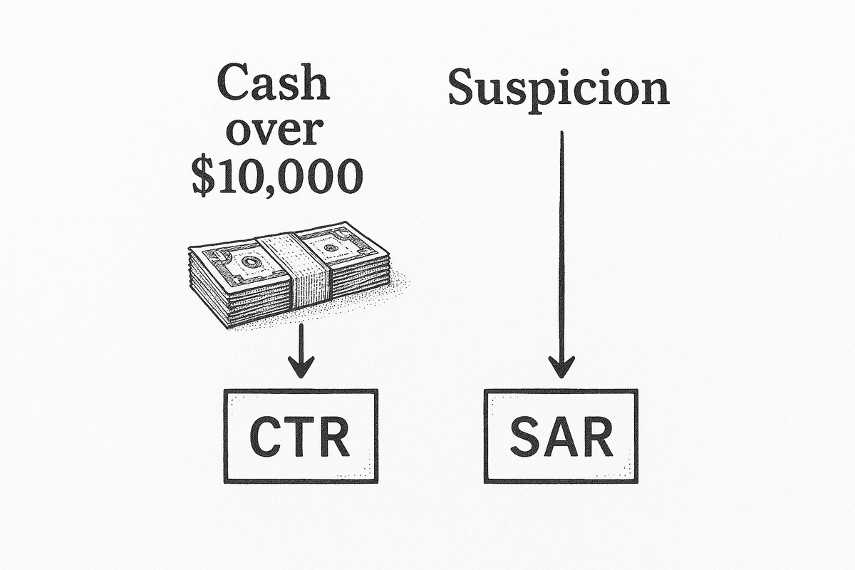 Two columns: cash over $10,000 points to a CTR, and suspicion points to a SAR