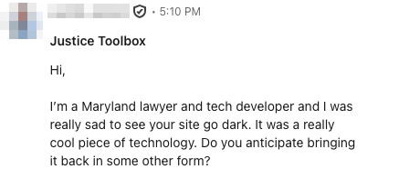 User message about Justice Toolbox