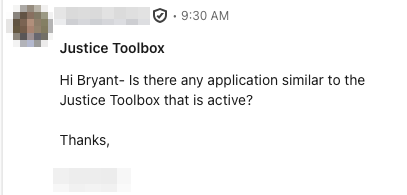 User message about Justice Toolbox