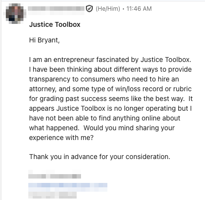 User message about Justice Toolbox