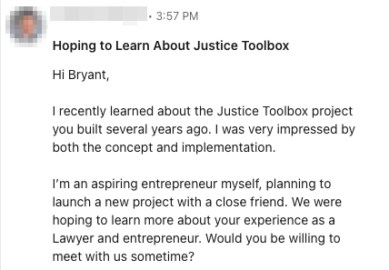 User message about Justice Toolbox