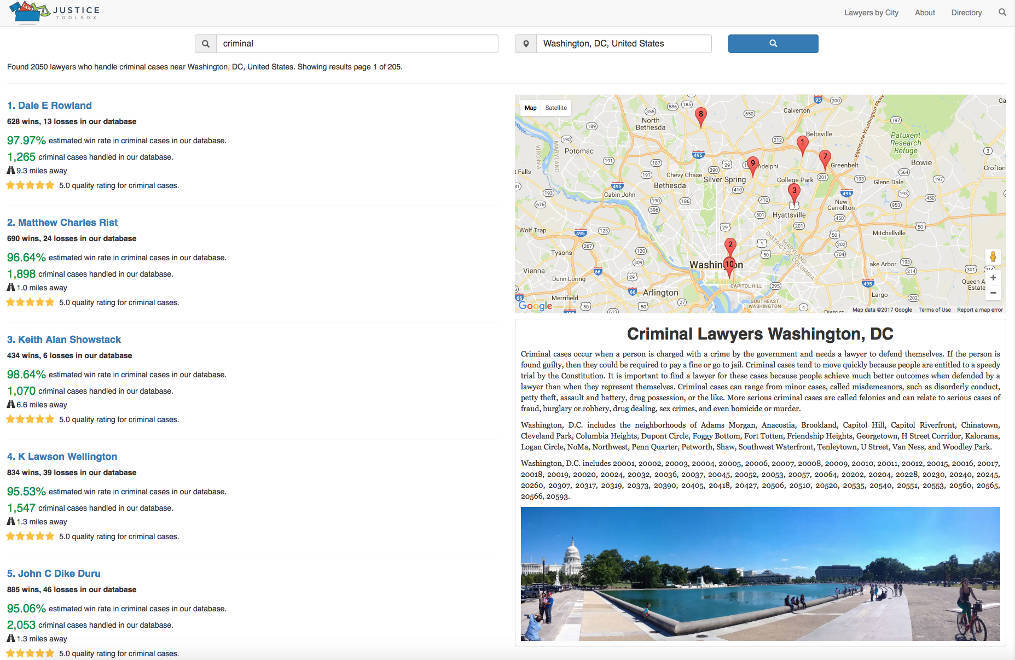 Category pages listed every lawyer in for a specific case type in a city or town.