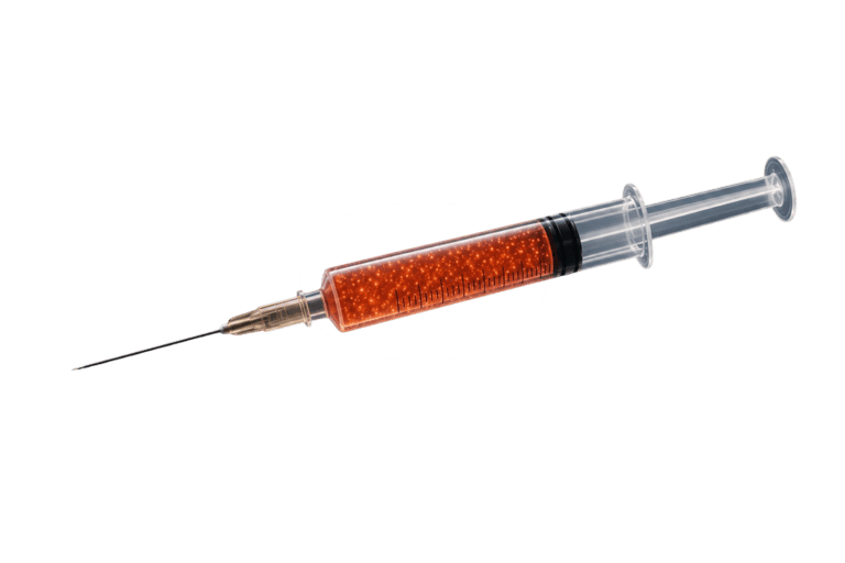 A syringe with stem cell-rich fat in a red/pinkish tint