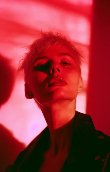 Portrait of a person with short hair illuminated by dramatic red and orange lighting