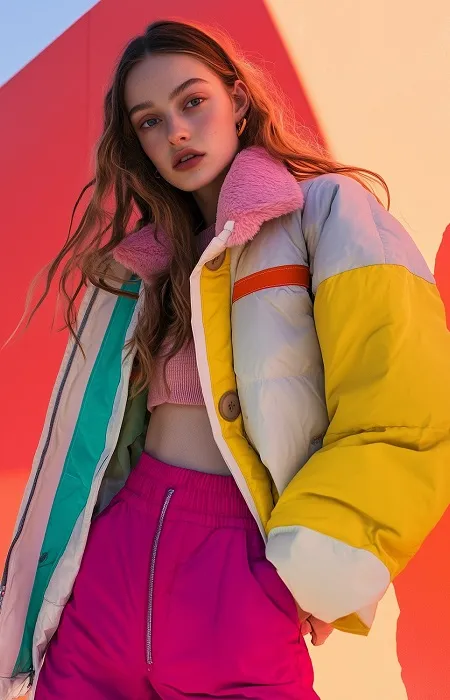 Young woman with long hair wearing a colorful puffer jacket in a fashion portrait