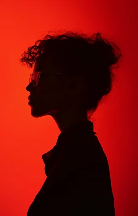 Crimson contemporary portrait of a person in silhouette with dramatic red lighting