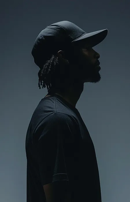 Silhouette of a person wearing a cap against a contemporary urban background