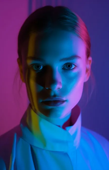 Close-up portrait of a person with dramatic blue and purple chiaroscuro lighting in a modern style