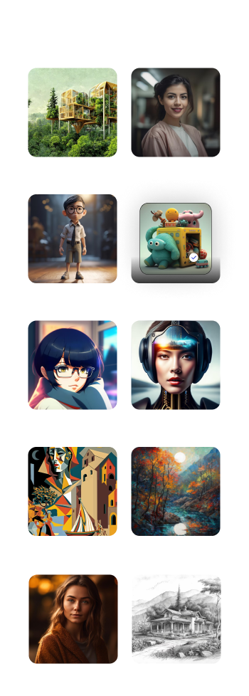 Grid of eight visual styles including photography, cartoon and 3D render