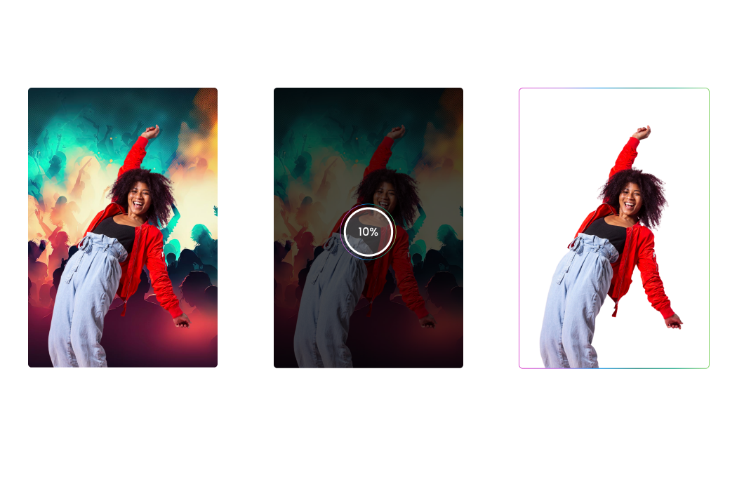 Three panels showing a woman in a red jacket before and after background removal