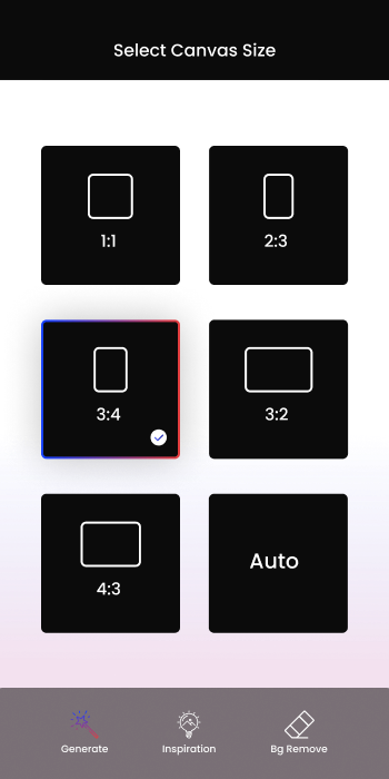 Mobile app showing canvas size options for brand content