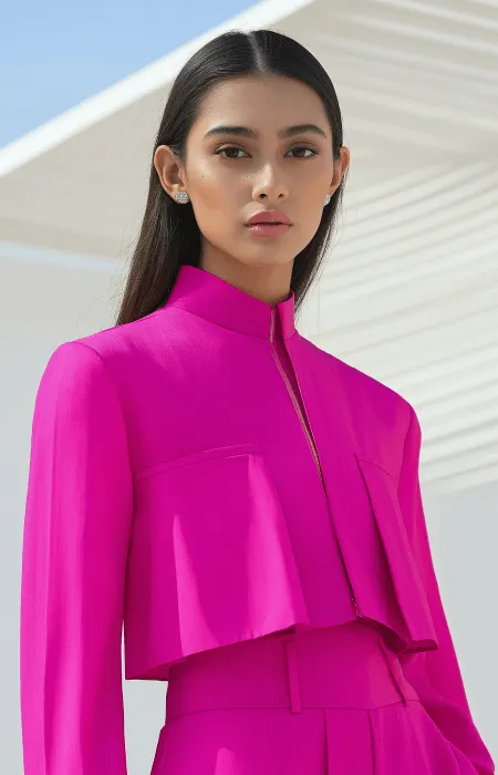 Woman with long straight hair wearing a bright pink high-neck dress against a white background