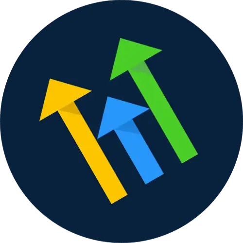 Icon with three upward arrows in yellow, blue, and green representing growth and progress.