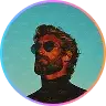 Stylized portrait of man wearing sunglasses with teal background.
