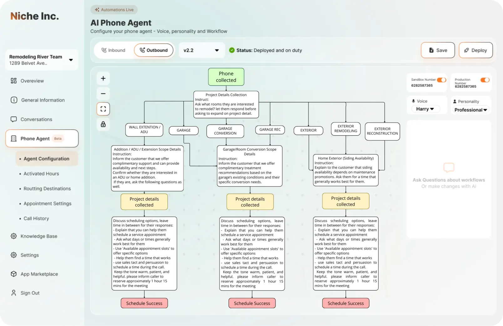 AI phone agent workflow for remodeling company showing call routing and scheduling automation