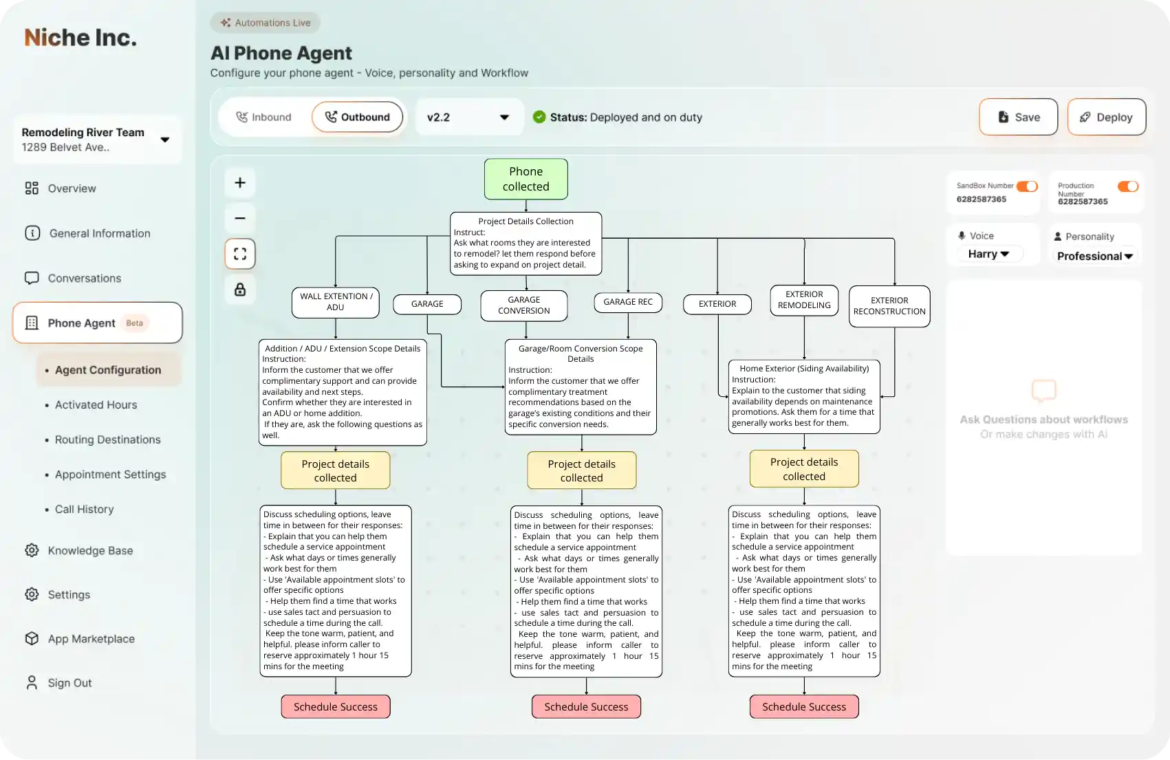 AI phone agent workflow for remodeling company showing call routing and scheduling automation