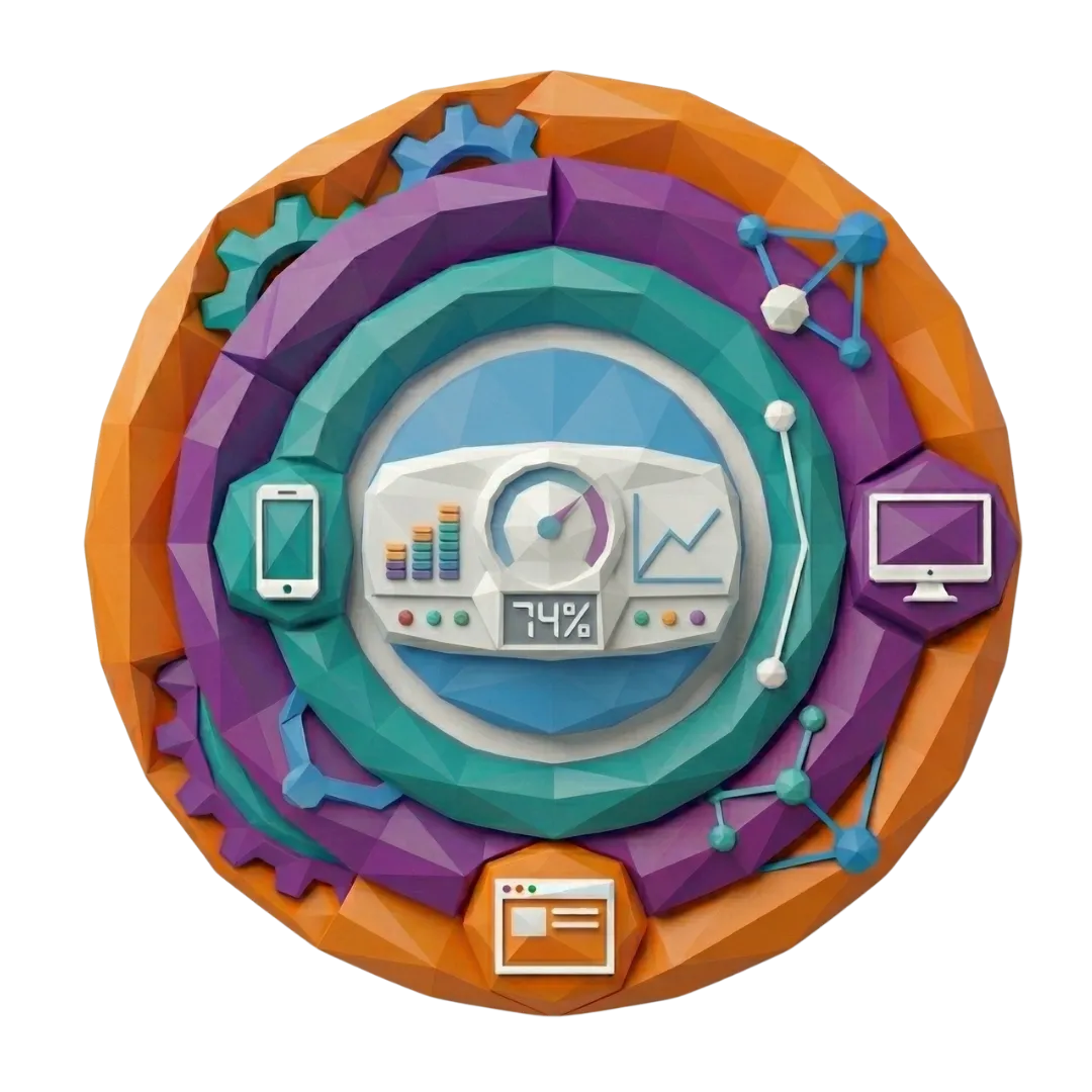 Circular low poly dashboard icon with charts, a gauge reading "74%," a phone, a desktop monitor, gears, and connected nodes around the edge. The graphic represents Niche AI and Niche and Leads using LSA Integration to connect lead sources, devices, and performance tracking.