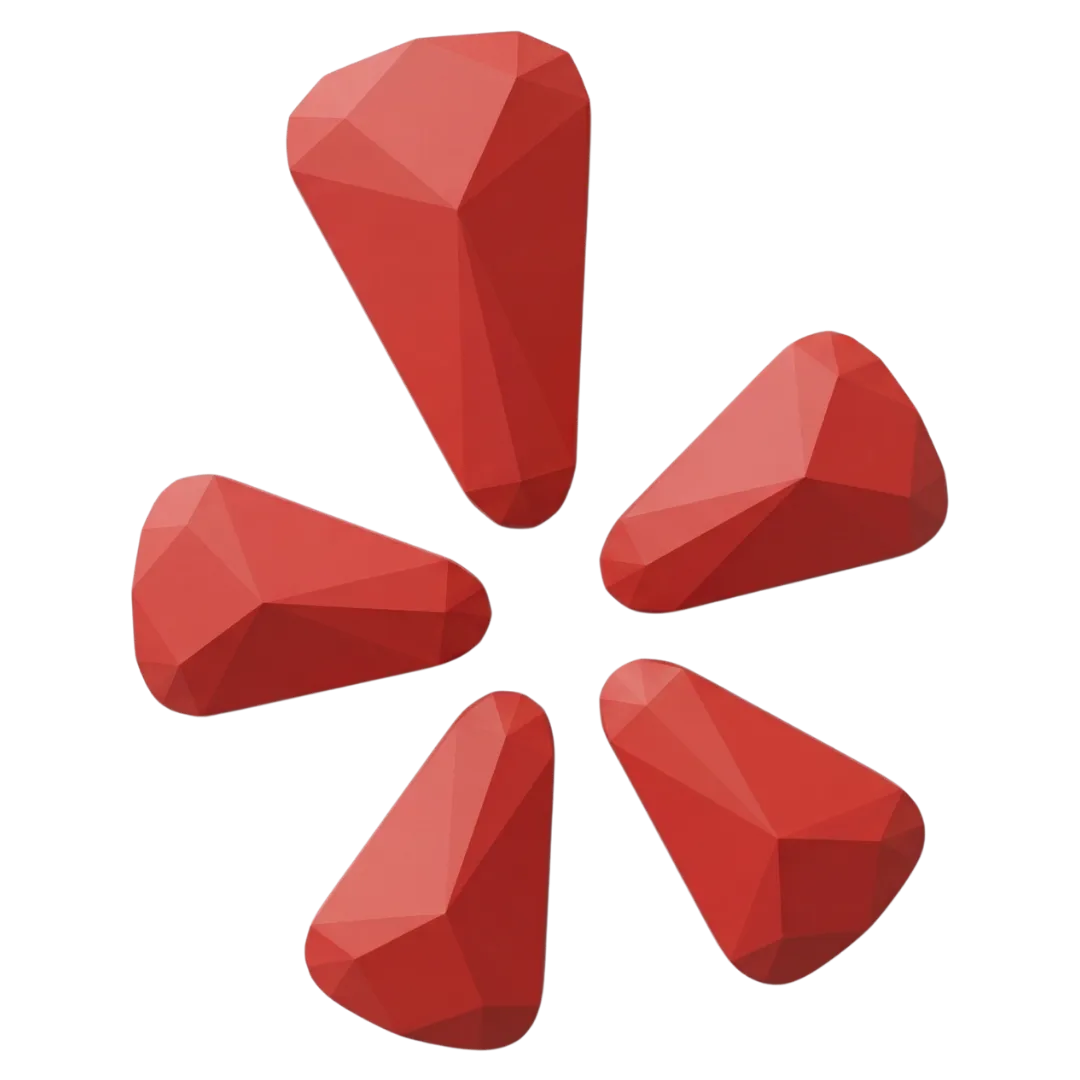 Red low poly Yelp style burst icon made of five rounded shapes arranged in a circular pattern. The graphic represents a connected lead source within Niche AI and Niche and Leads LSA Integration.
