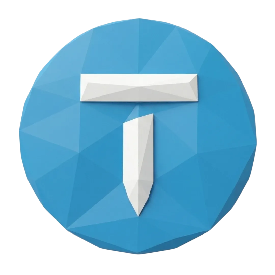 Blue circular low poly icon with a white capital T centered in the middle. This simple branded graphic works as a clean visual element for Niche AI and Niche and Leads.