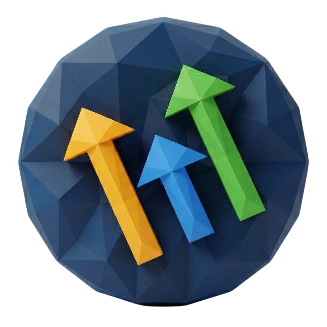 Dark blue circular icon with three upward arrows in yellow blue and green. The graphic represents lead growth and performance improvement through Niche AI and Niche and Leads.