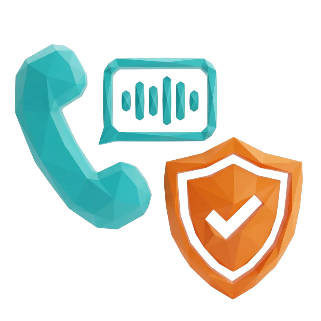 Teal phone handset beside a speech bubble with an audio waveform and an orange shield with a check mark. The icon represents secure call handling and verified communication through Niche AI.