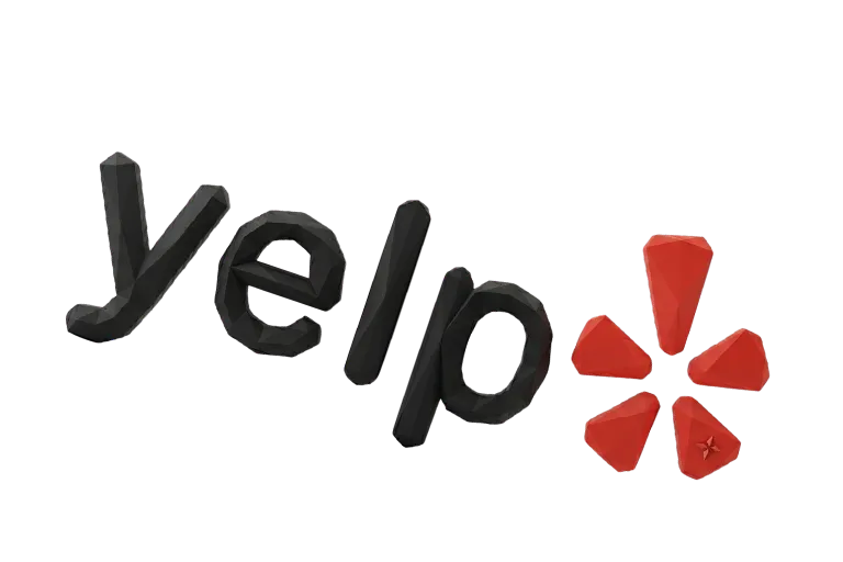 Black low poly wordmark reading yelp with a red five part burst symbol to the right. The graphic represents Yelp as a connected review and lead source within LSA Integration.