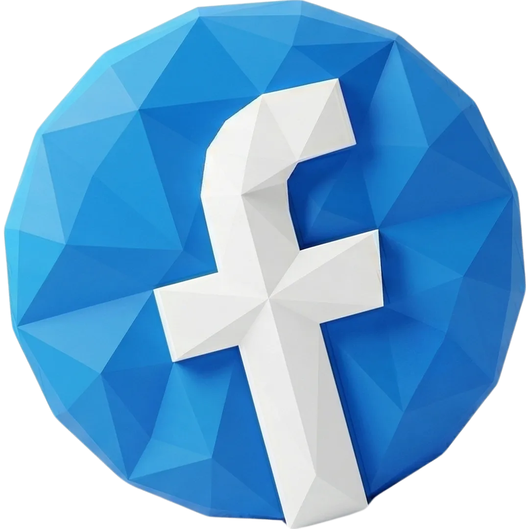 Blue low poly circular icon with a white lowercase f in the center. The graphic represents Facebook as a connected lead source for Niche AI and Niche and Leads.