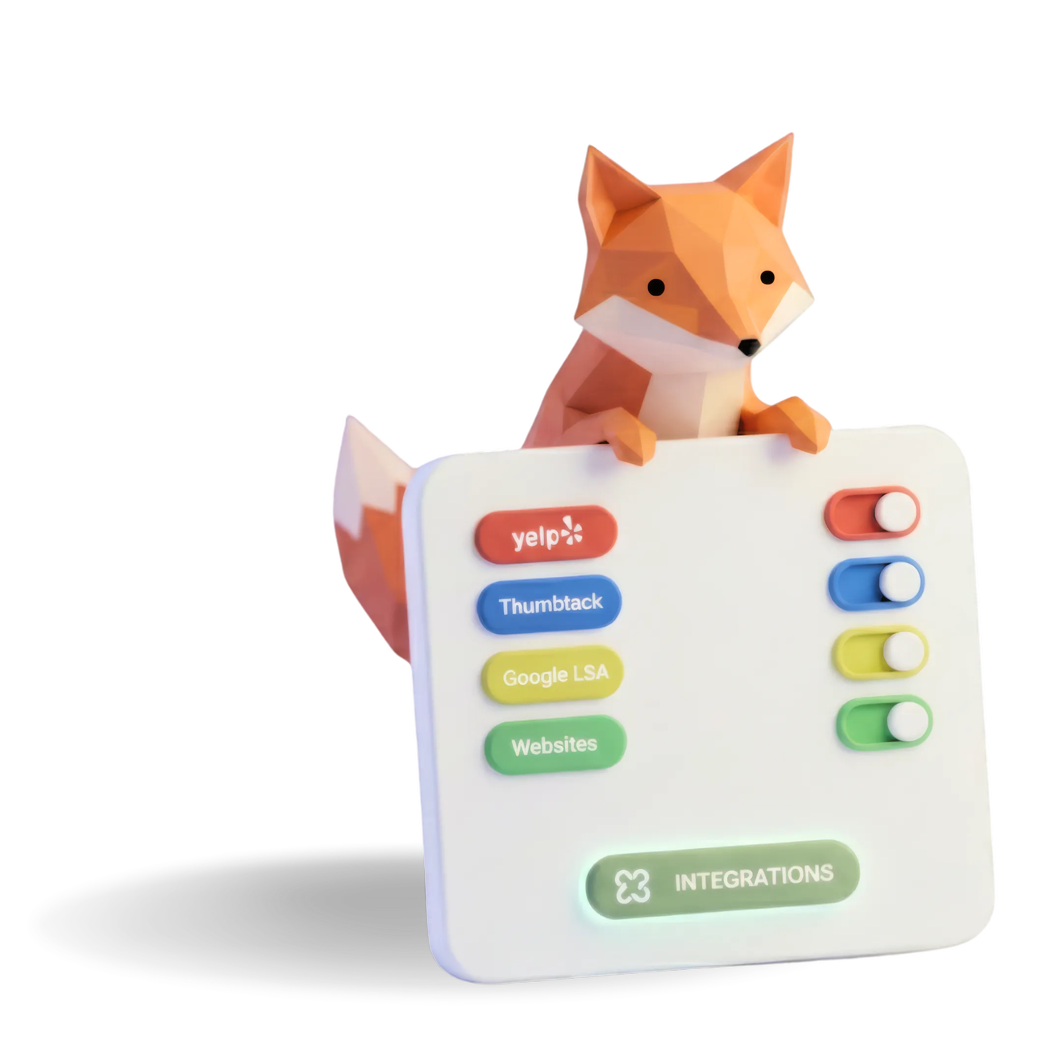 Low poly fox peeking over a white integrations panel with labeled switches for "yelp," "Thumbtack," "Google LSA," and "Websites," plus a glowing "INTEGRATIONS" button at the bottom. The graphic represents Niche AI and Niche and Leads connecting multiple lead sources through LSA Integration.