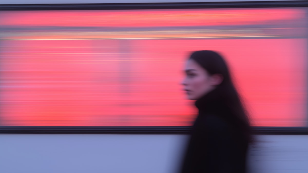 Blurred woman walking in red corridor – motion and speed in digital space