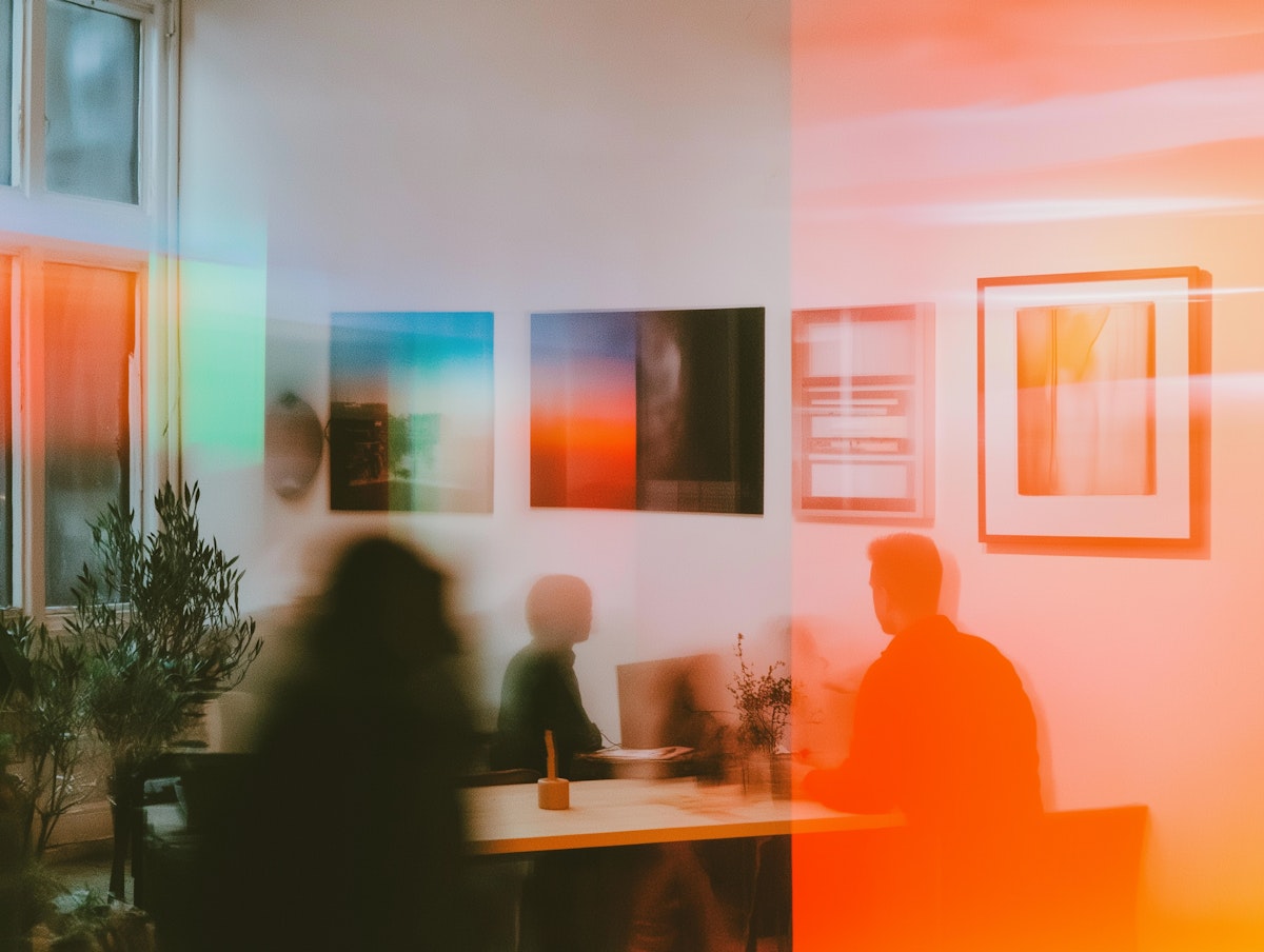 People collaborating in blurred, colorful room – team ideation and creative chaos