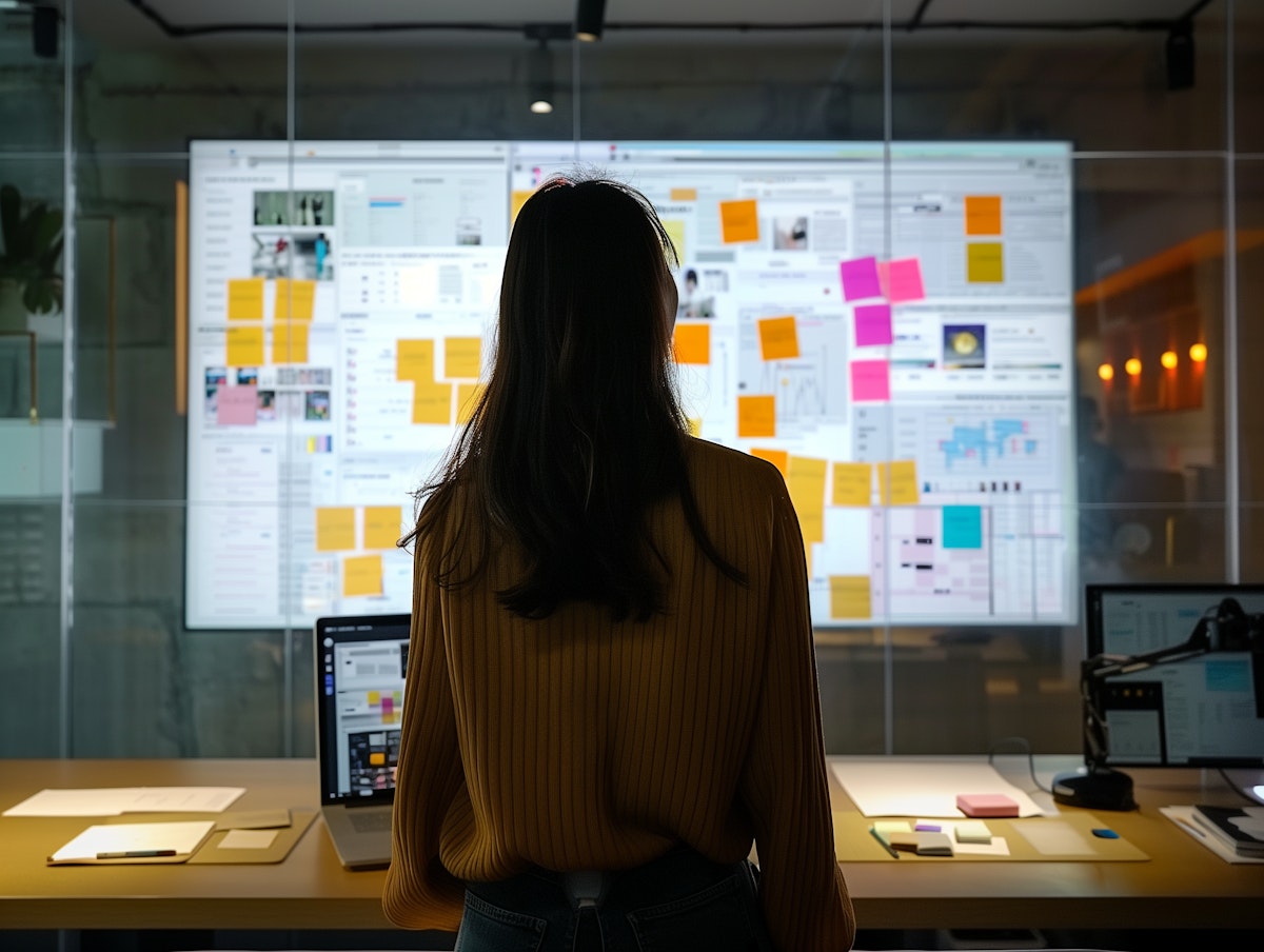 Woman analyzing post-its and digital screen – UX research and product planning