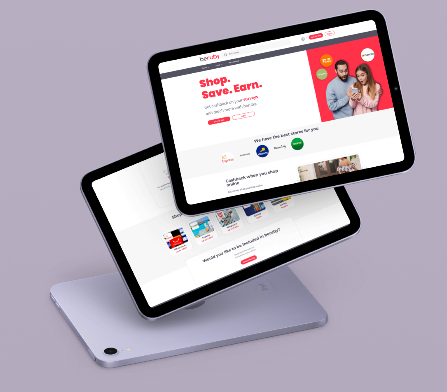 Beruby cashback platform interface displayed on tablet and laptop screens – project by MVPossible.