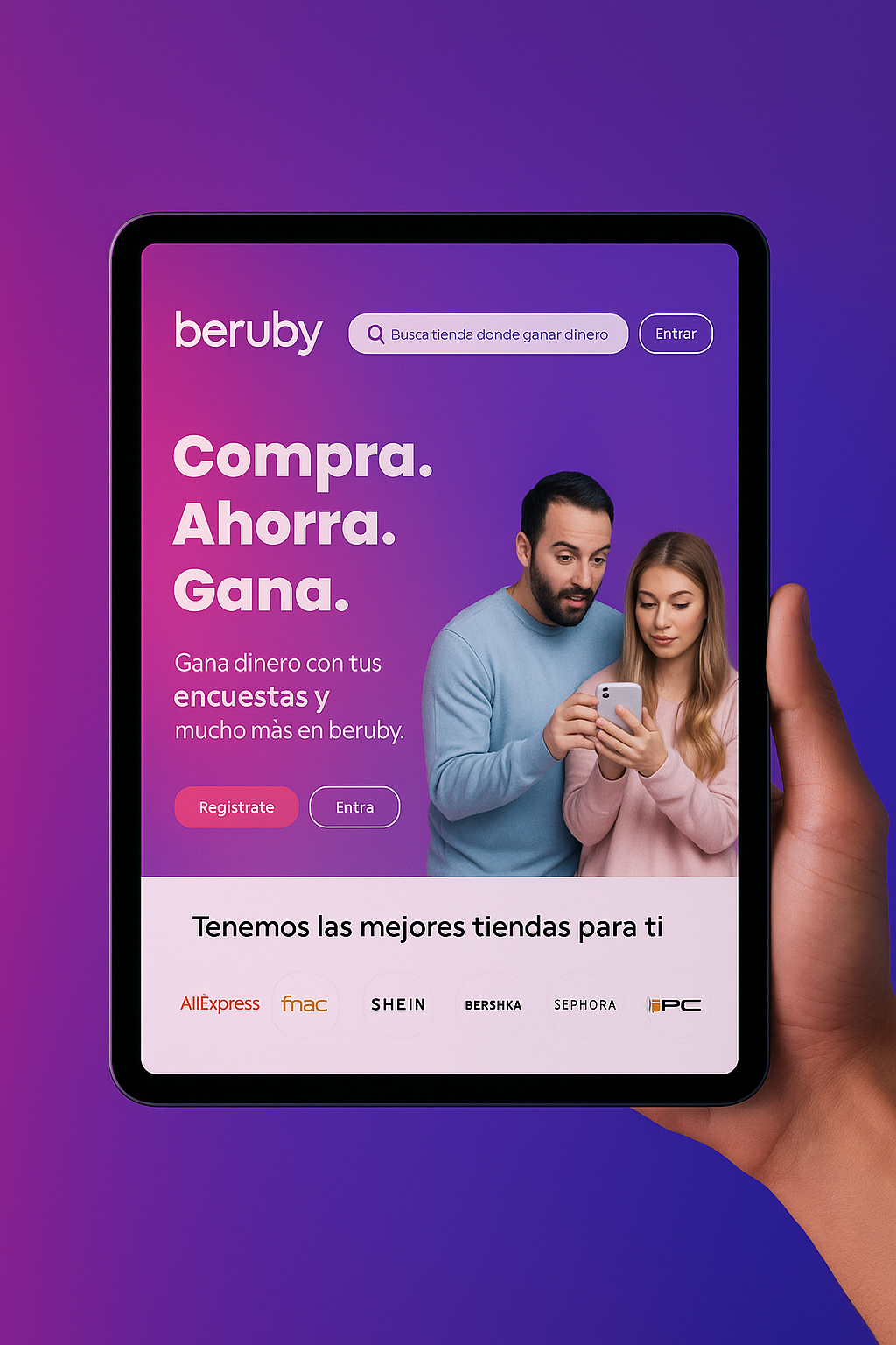 Beruby web platform interface showcasing savings and cashback features on a purple background – Commerce Tech by MVPossible