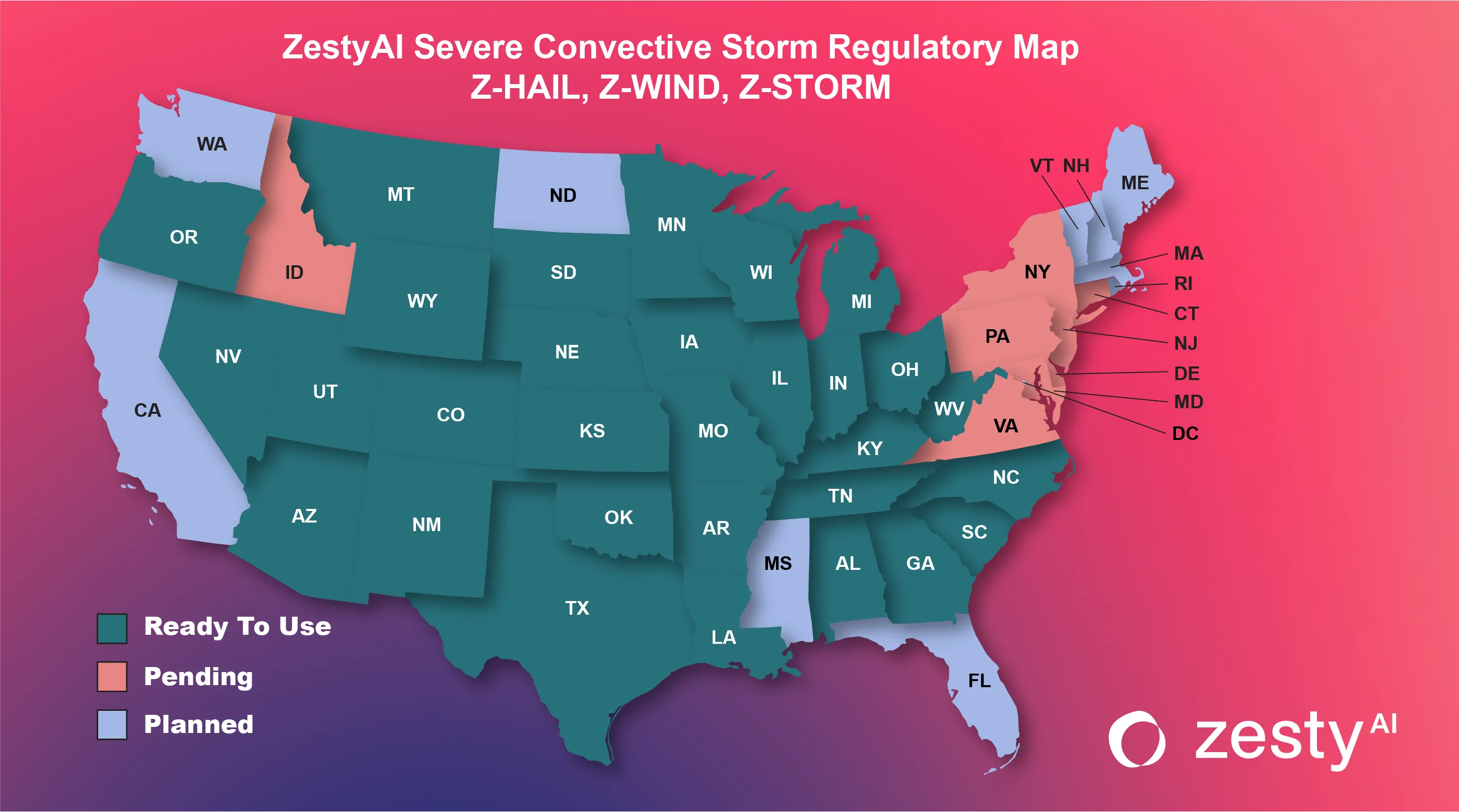 ZestyAI Severe Convective Storm Regulatory Approval Map - Wind and Hail