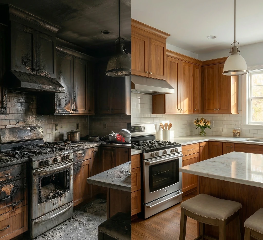 Side-by-side comparison of a fire-damaged and intact kitchen illustrating Z-SPARK’s address-level claim frequency scoring.