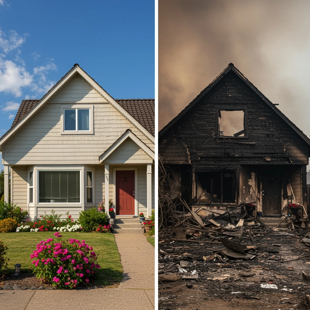 Side-by-side view of an intact home and a house with total structural fire damage, illustrating Z-SPARK's claim severity score.