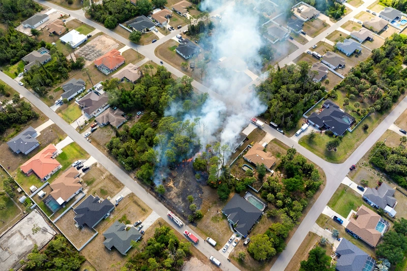 Aerial view of suburban fire spread used for Z-SPARK feature engineering, analyzing building density and vegetation.